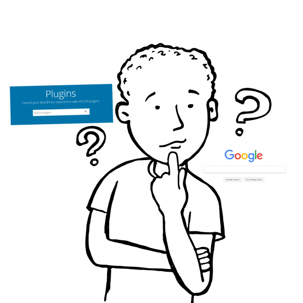 Drawing of a man thinking of the difference between Google and the WP Plugin Directory regarding keyword ranking